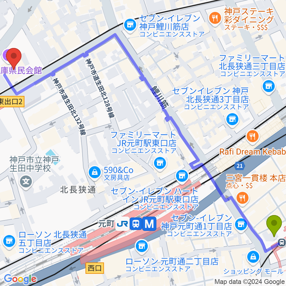 旧居留地・大丸前駅から兵庫県民会館へのルートマップ地図