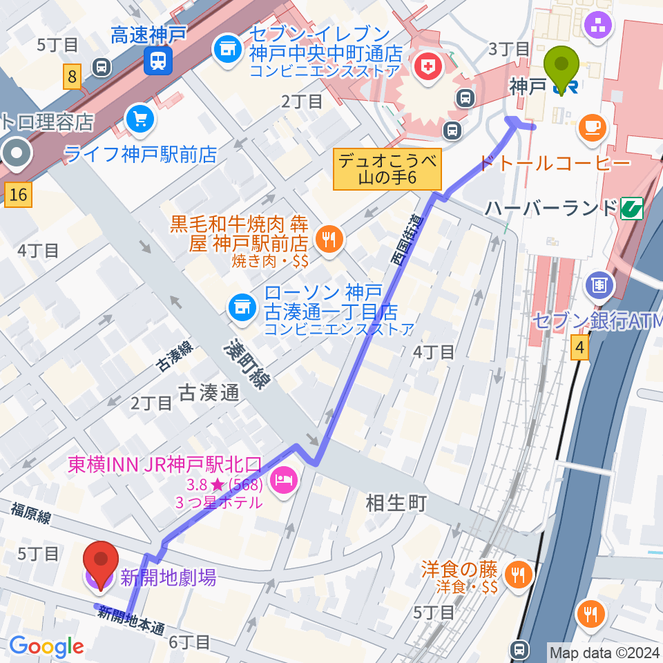 神戸駅から新開地劇場へのルートマップ地図