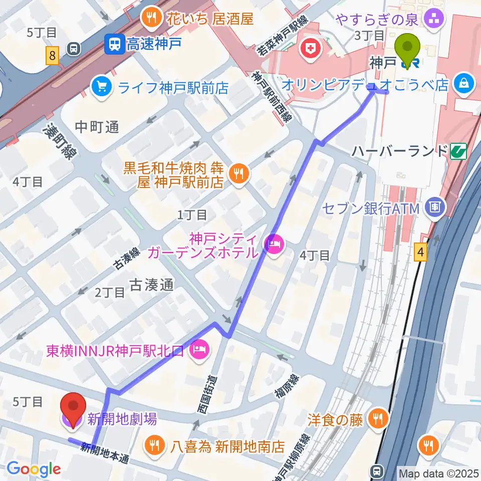 神戸駅から新開地劇場へのルートマップ地図
