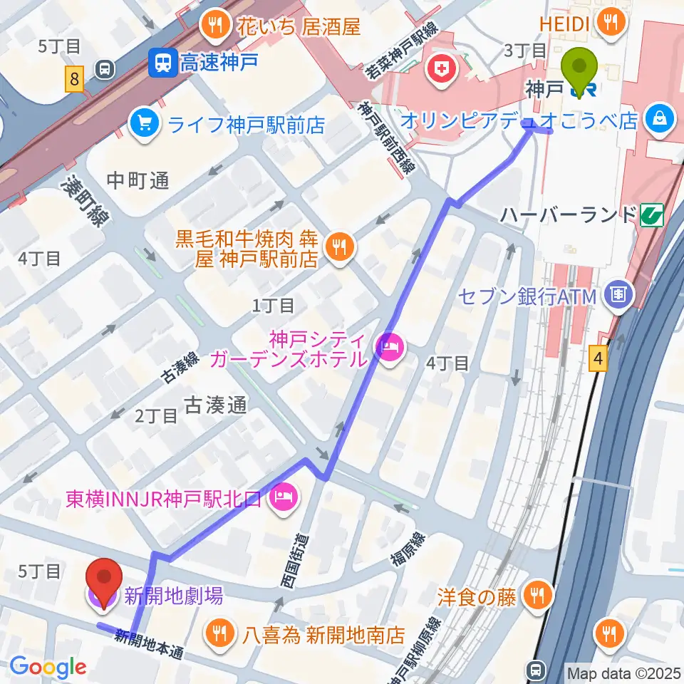 神戸駅から新開地劇場へのルートマップ地図