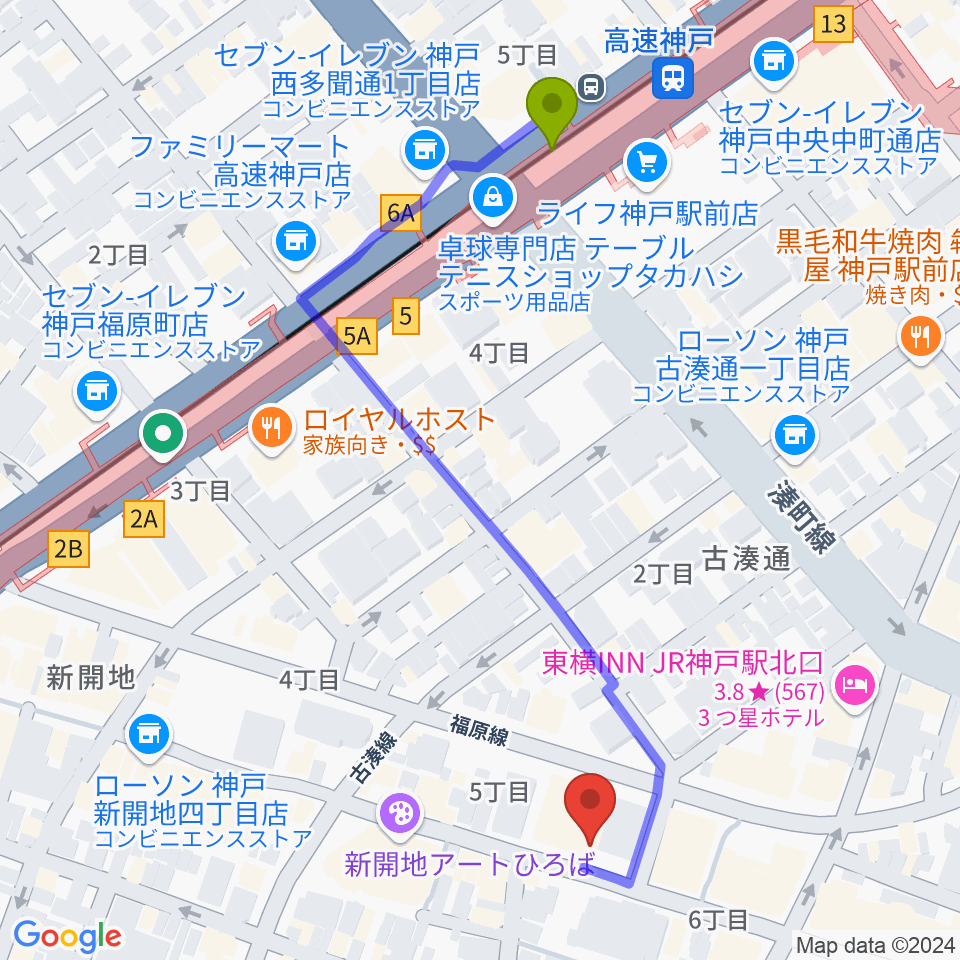 新開地劇場の最寄駅高速神戸駅からの徒歩ルート（約6分）地図