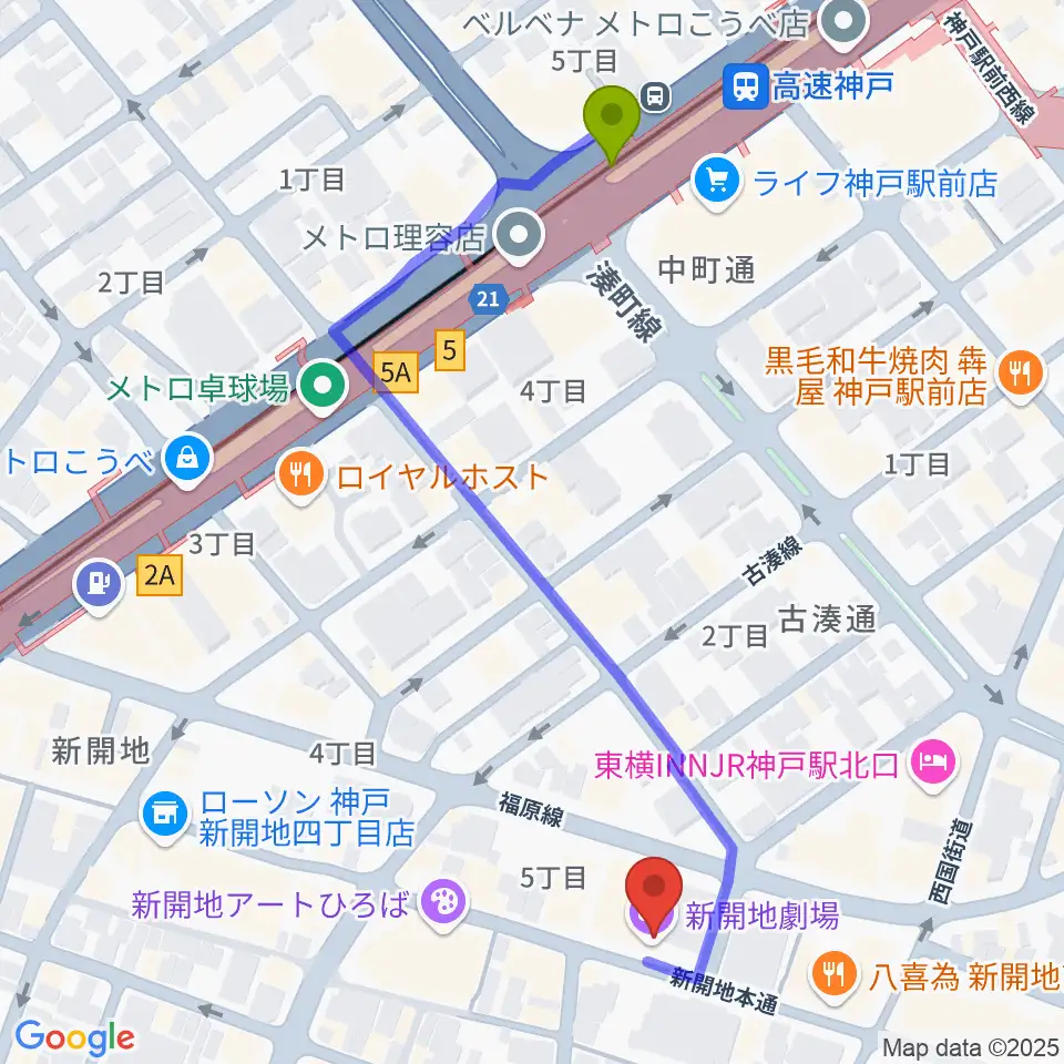 新開地劇場の最寄駅高速神戸駅からの徒歩ルート（約6分）地図