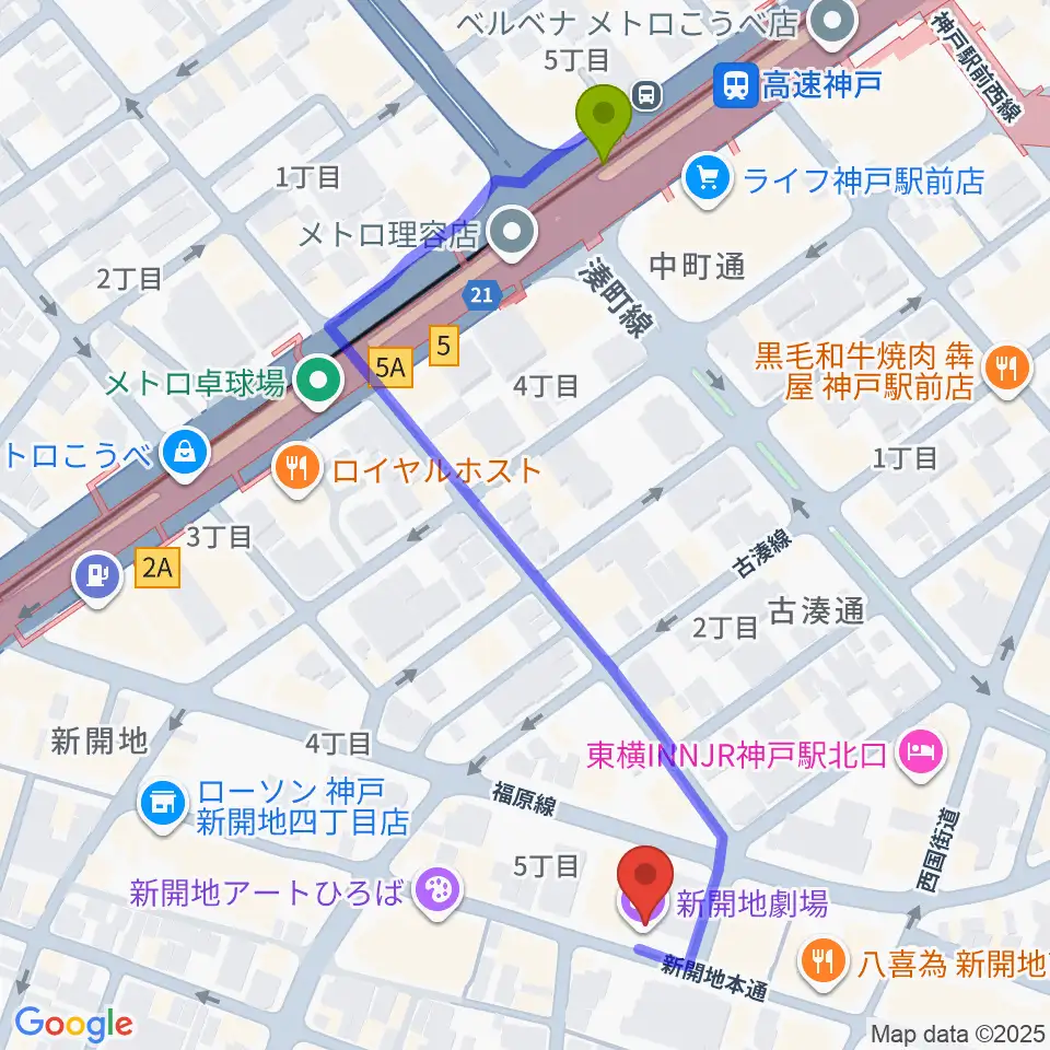 新開地劇場の最寄駅高速神戸駅からの徒歩ルート（約6分）地図