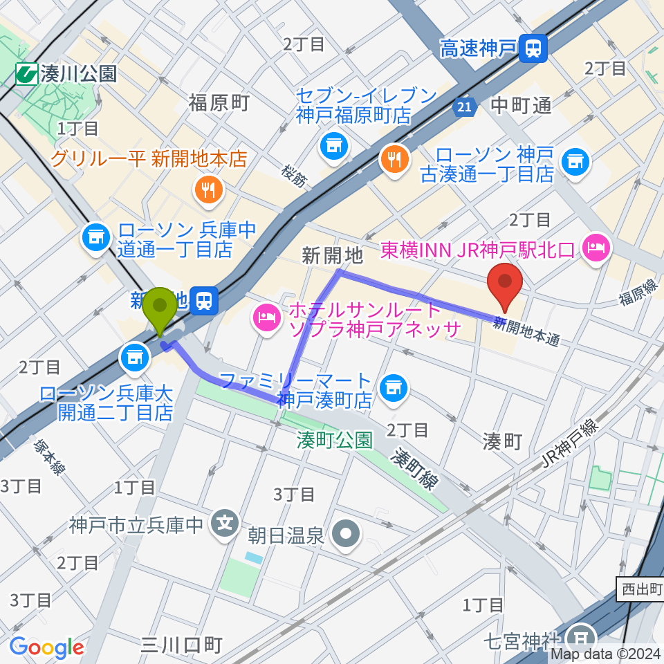 新開地駅から新開地劇場へのルートマップ地図