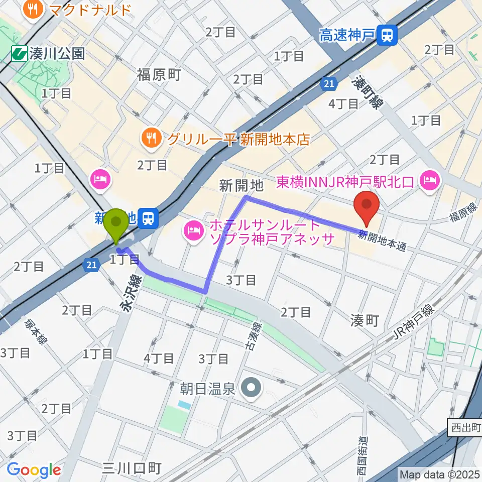 新開地駅から新開地劇場へのルートマップ地図