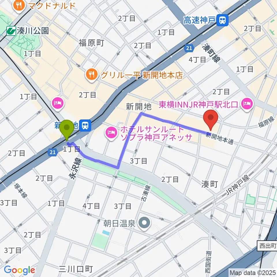 新開地駅から新開地劇場へのルートマップ地図