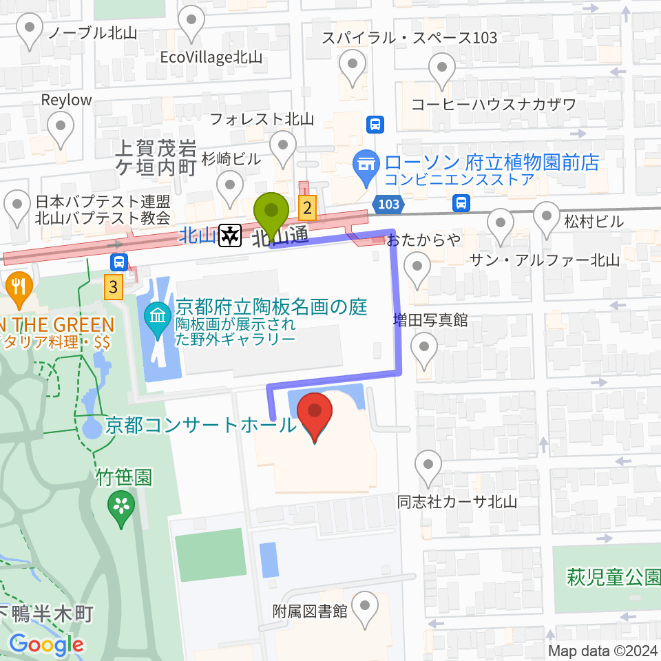 京都コンサートホールの最寄駅北山駅からの徒歩ルート（約2分）地図