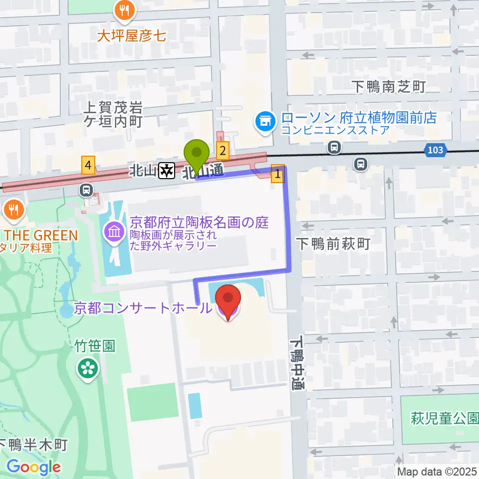 京都コンサートホールの最寄駅北山駅からの徒歩ルート（約2分）地図