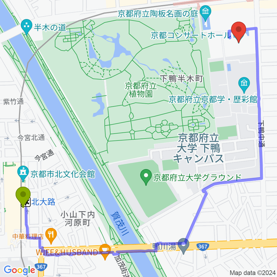 北大路駅から京都コンサートホールへのルートマップ地図