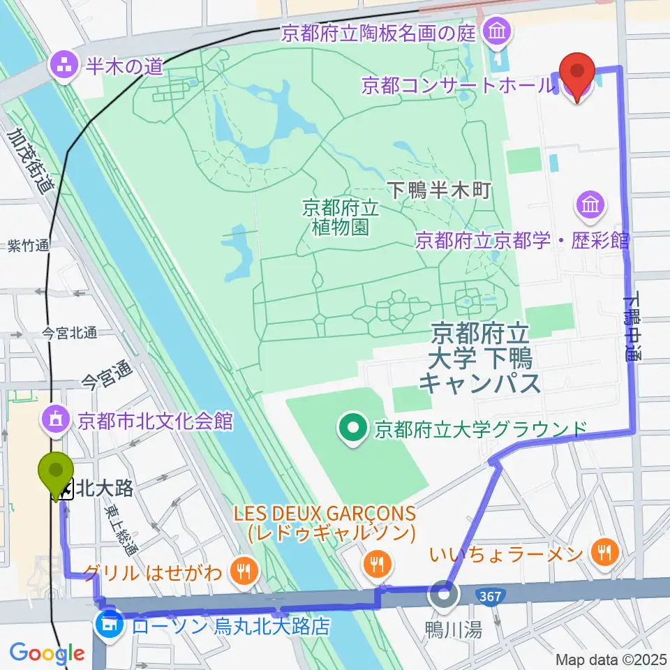 北大路駅から京都コンサートホールへのルートマップ地図