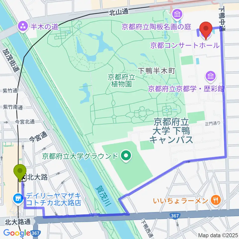 北大路駅から京都コンサートホールへのルートマップ地図