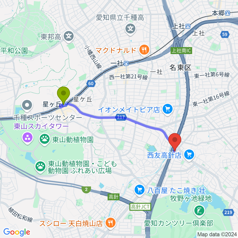 星ヶ丘駅からパピーミュージックスクール名古屋名東教室へのルートマップ地図