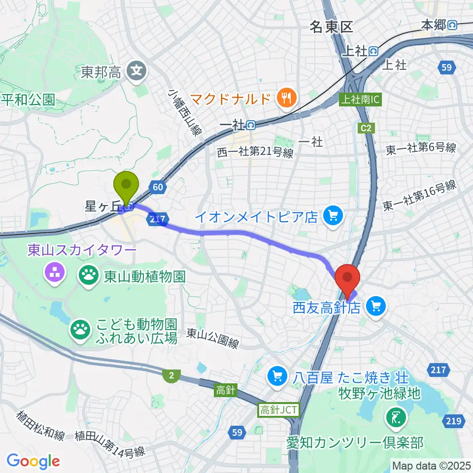 星ヶ丘駅からパピーミュージックスクール名古屋名東教室へのルートマップ地図