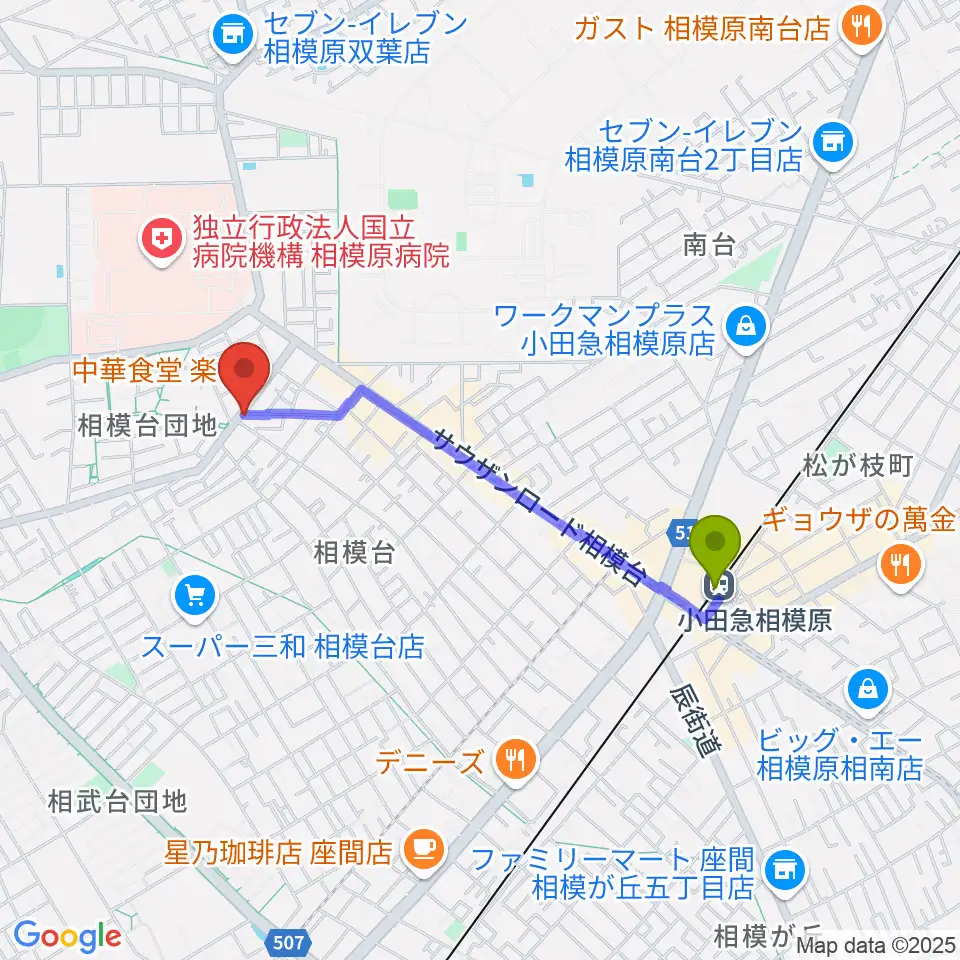 相模原T☆ROCKSの最寄駅小田急相模原駅からの徒歩ルート（約16分）地図