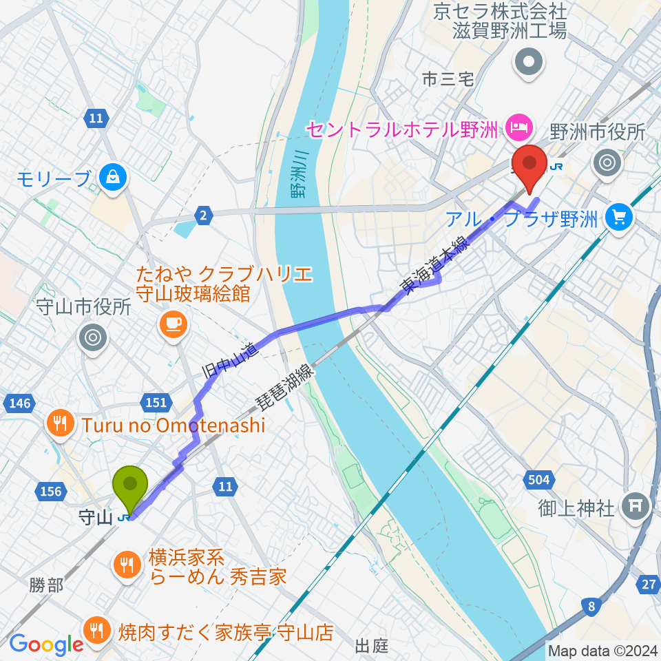 守山駅からシライシアター野洲へのルートマップ地図