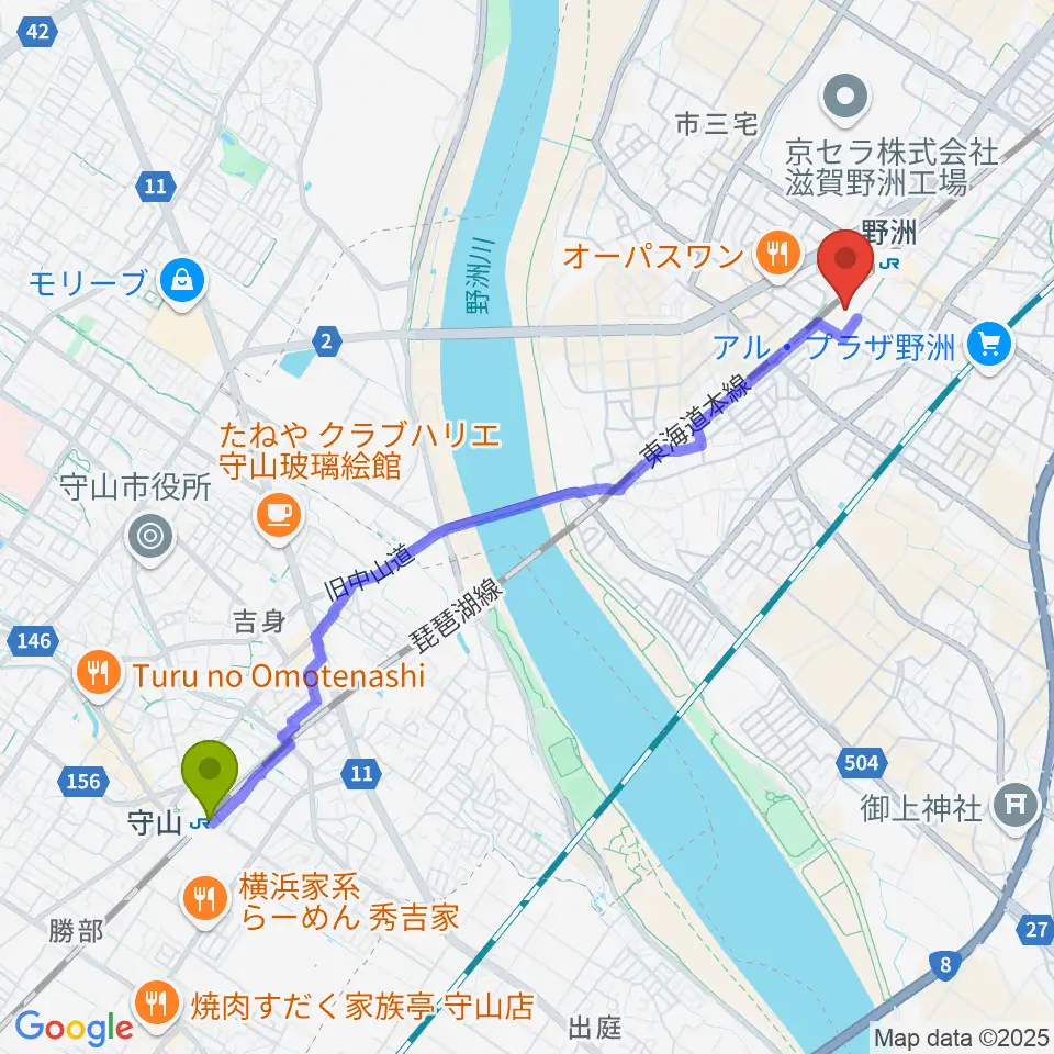 守山駅から野洲文化ホールへのルートマップ地図