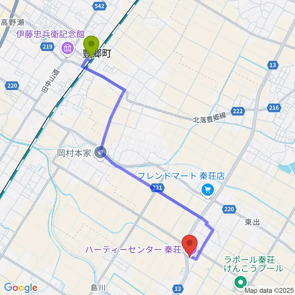 愛荘町立ハーティーセンター秦荘の最寄駅豊郷駅からの徒歩ルート（約47分）地図