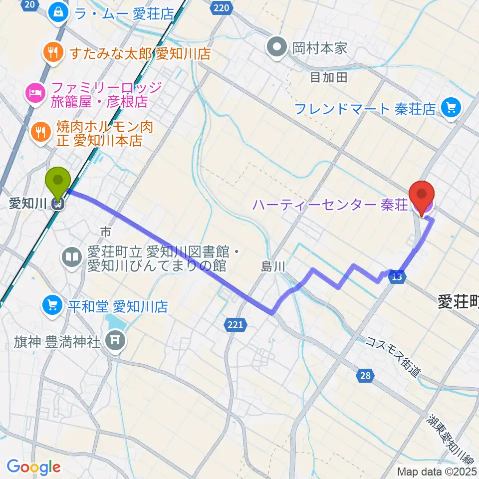 愛知川駅から愛荘町立ハーティーセンター秦荘へのルートマップ地図