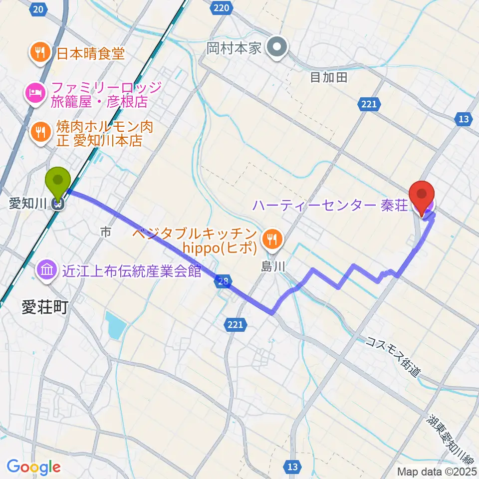 愛知川駅から愛荘町立ハーティーセンター秦荘へのルートマップ地図
