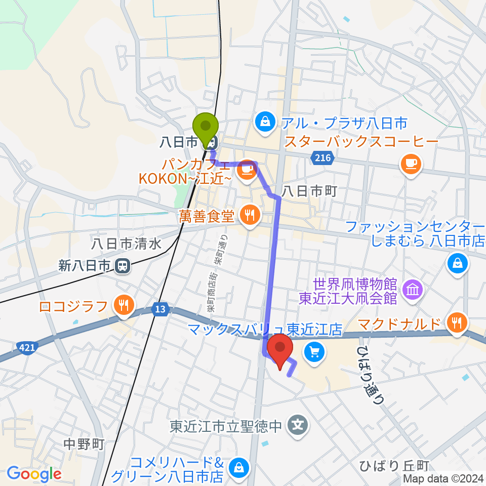 八日市駅から八日市文化芸術会館へのルートマップ地図