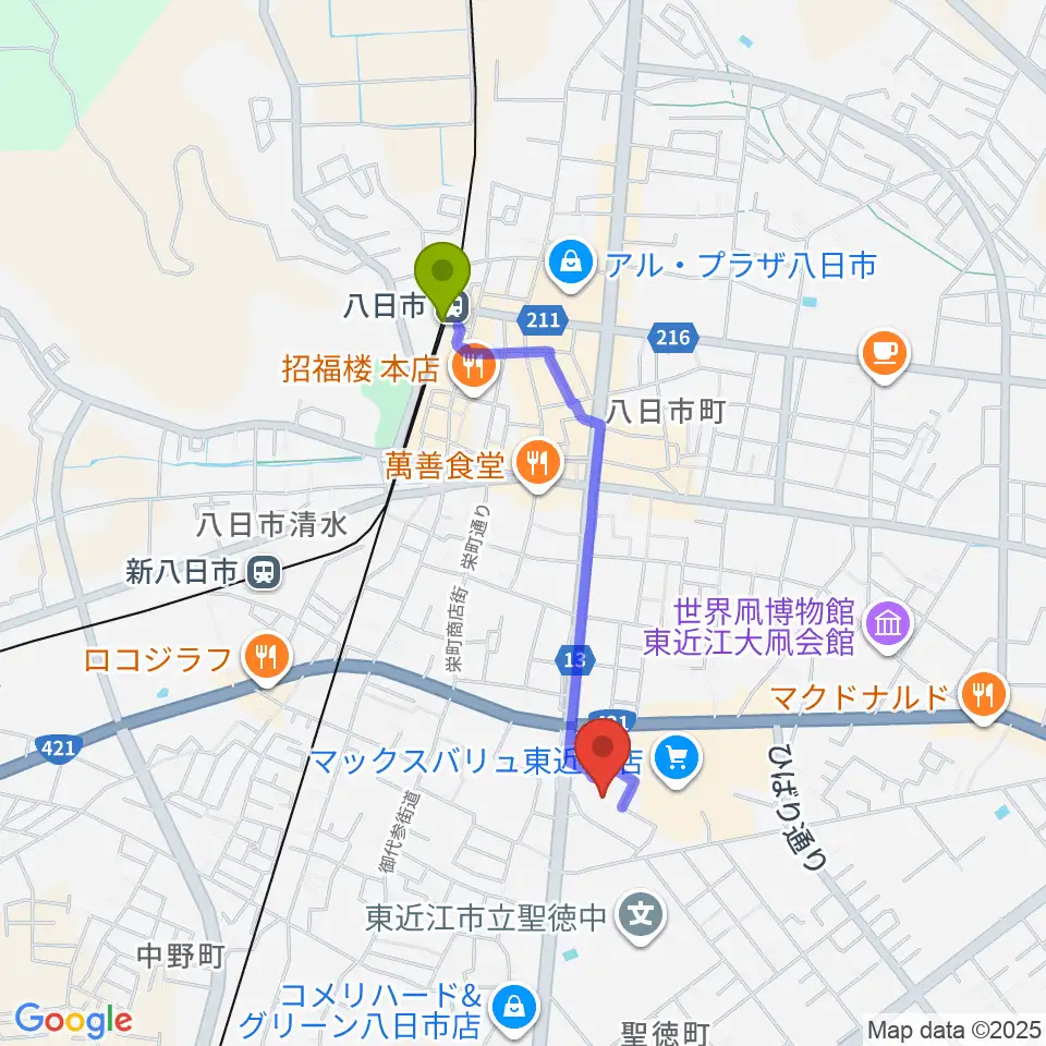 八日市駅から八日市文化芸術会館へのルートマップ地図