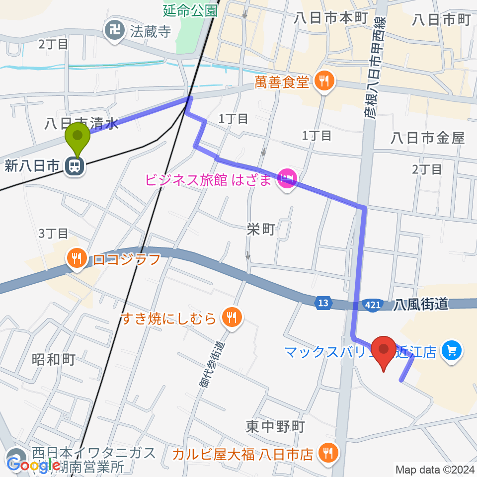 八日市文化芸術会館の最寄駅新八日市駅からの徒歩ルート（約12分）地図