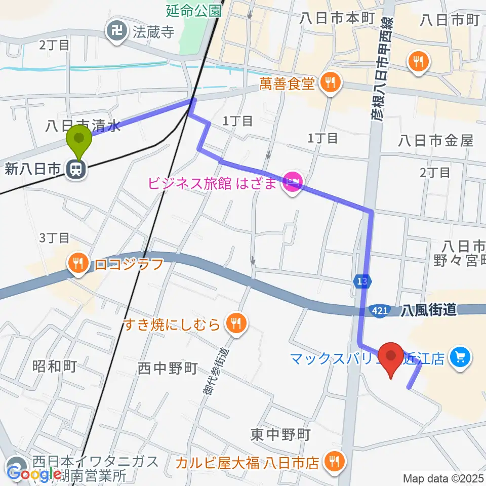 八日市文化芸術会館の最寄駅新八日市駅からの徒歩ルート（約12分）地図