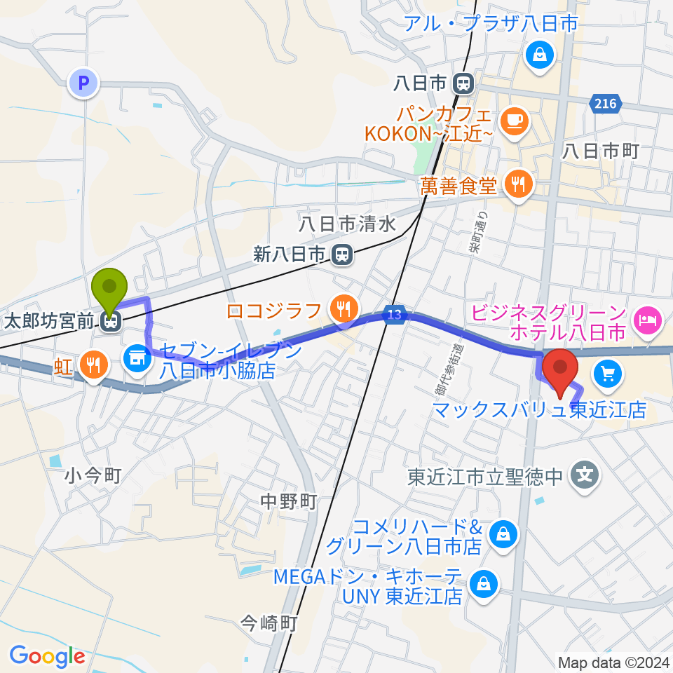 太郎坊宮前駅から八日市文化芸術会館へのルートマップ地図