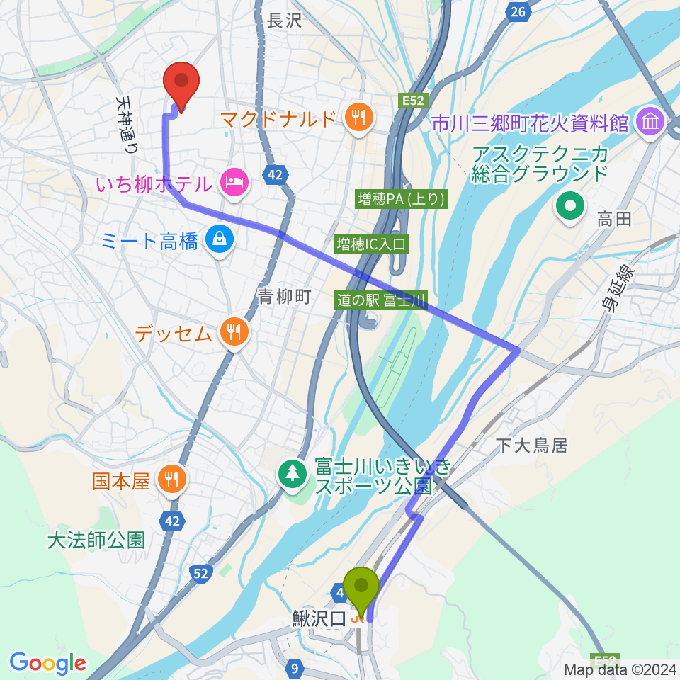 はくばく文化ホールの最寄駅鰍沢口駅からの徒歩ルート（約49分）地図