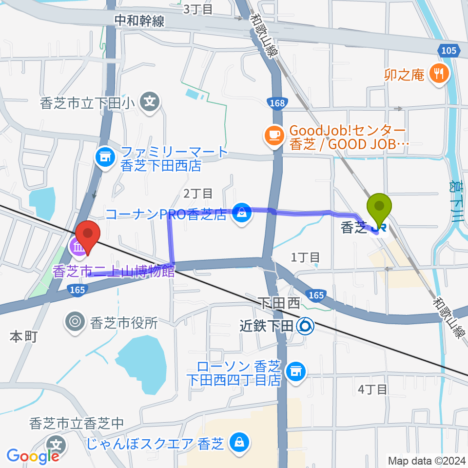 香芝駅から香芝市ふたかみ文化センターへのルートマップ地図