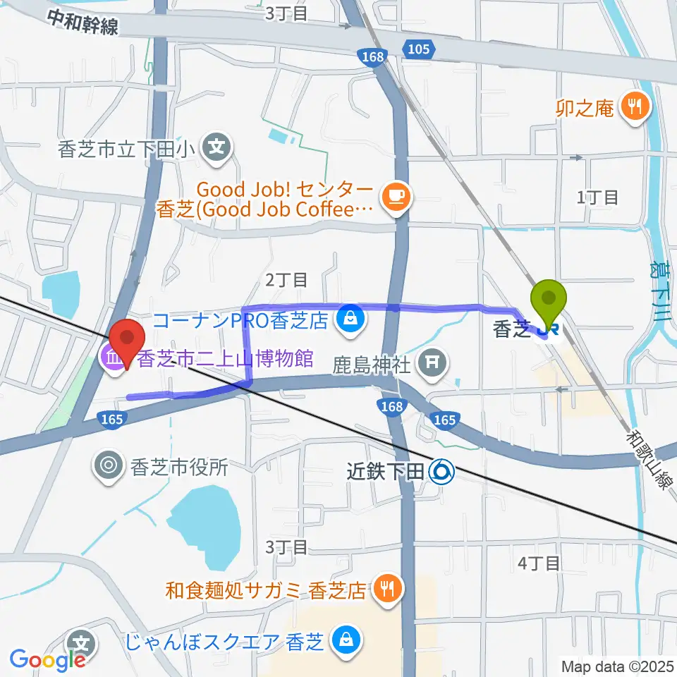 香芝駅から香芝市ふたかみ文化センターへのルートマップ地図