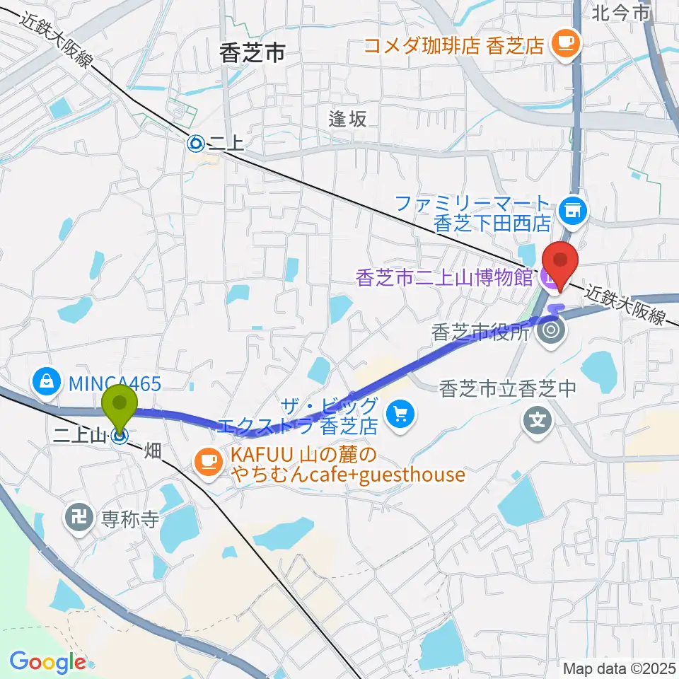二上山駅から香芝市ふたかみ文化センターへのルートマップ地図