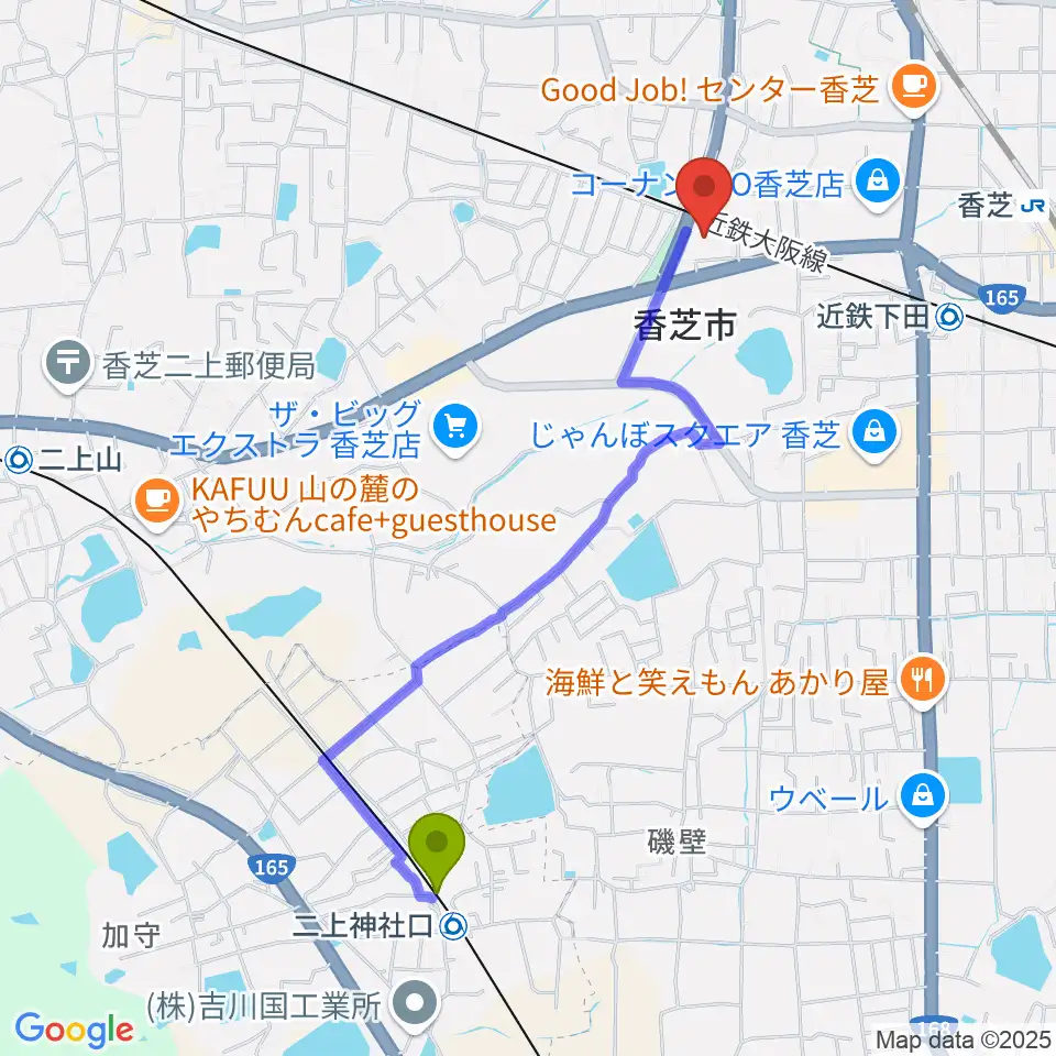 二上神社口駅から香芝市ふたかみ文化センターへのルートマップ地図