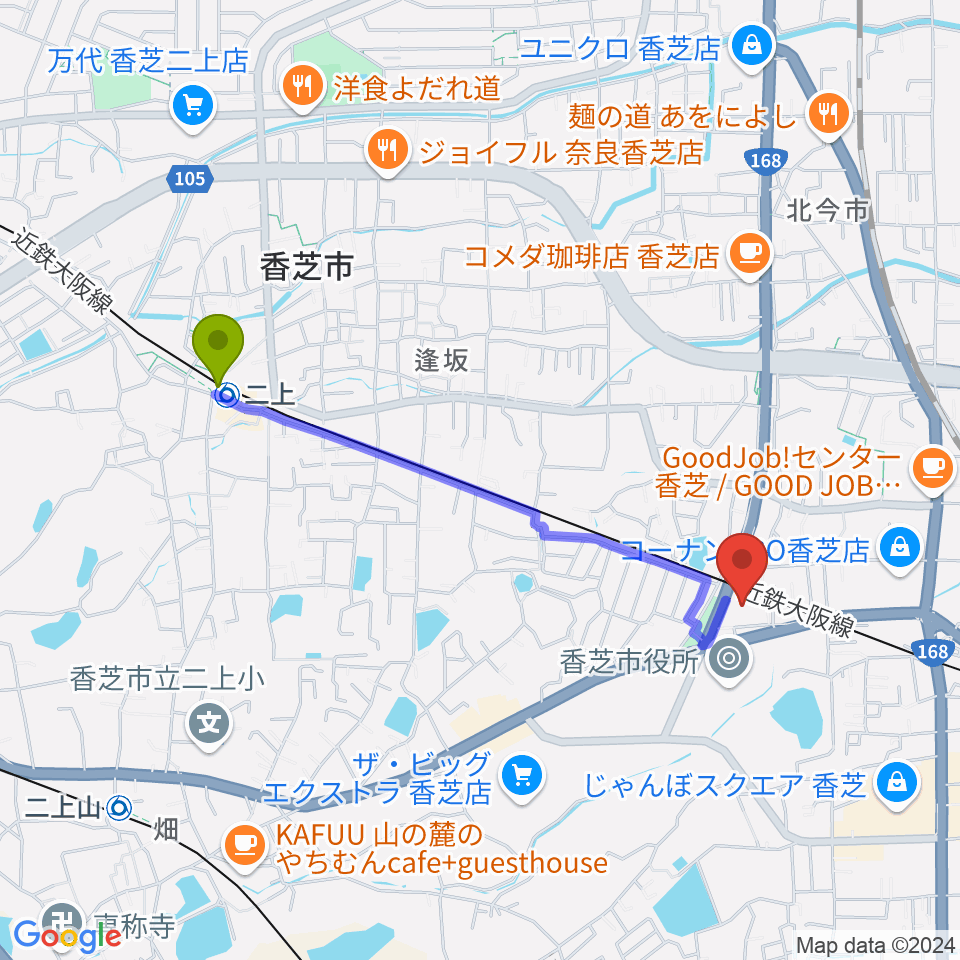 二上駅から香芝市ふたかみ文化センターへのルートマップ地図