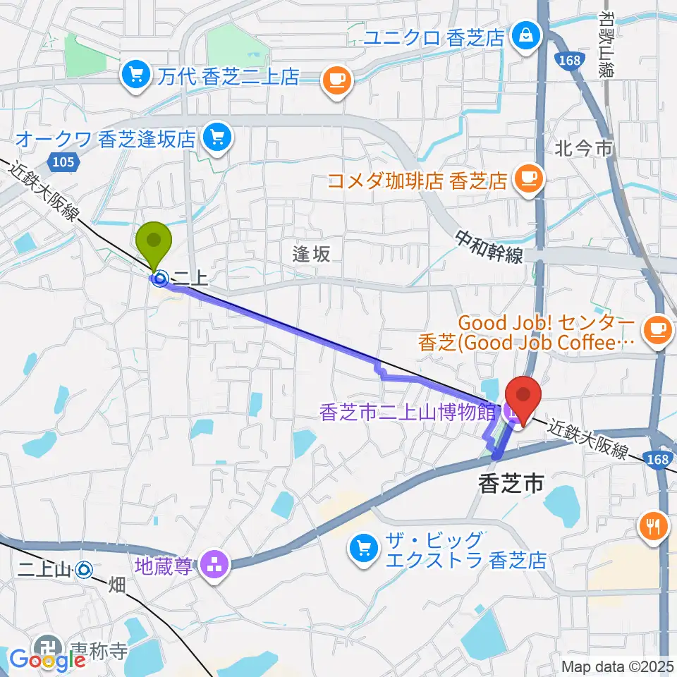 二上駅から香芝市ふたかみ文化センターへのルートマップ地図
