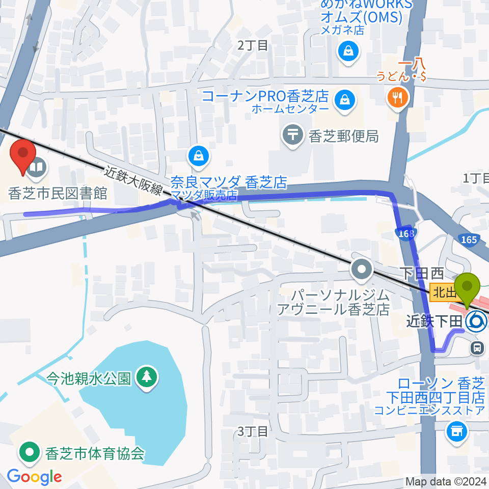 香芝市ふたかみ文化センターの最寄駅近鉄下田駅からの徒歩ルート（約7分）地図