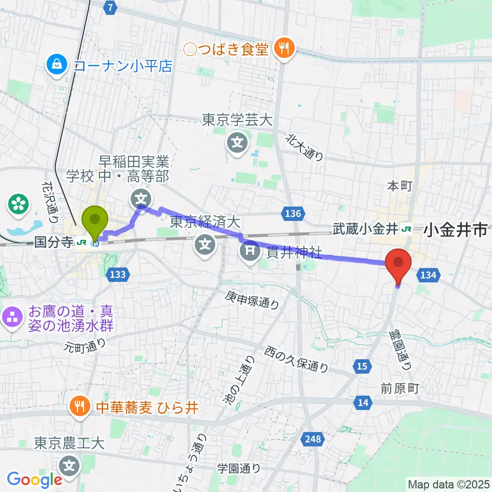 国分寺駅からPLUS+FACTOR GUITAR LESSONへのルートマップ地図