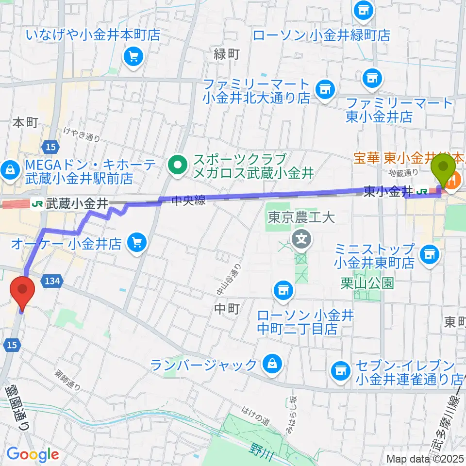 東小金井駅からPLUS+FACTOR GUITAR LESSONへのルートマップ地図