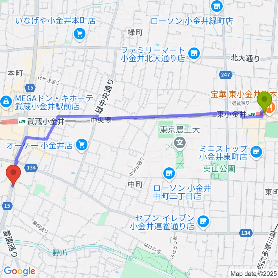 東小金井駅からPLUS+FACTOR GUITAR LESSONへのルートマップ地図