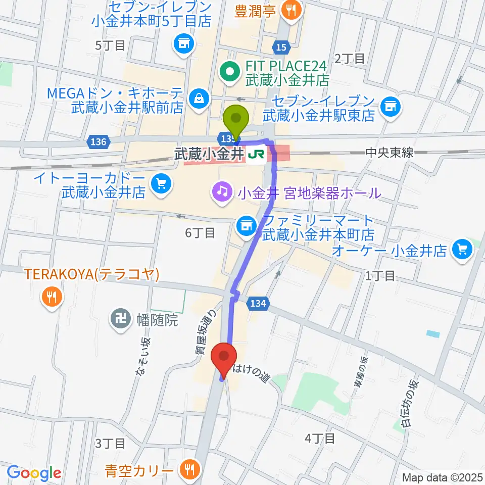 PLUS+FACTOR GUITAR LESSONの最寄駅武蔵小金井駅からの徒歩ルート（約8分）地図