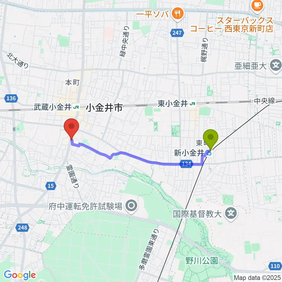 新小金井駅からPLUS+FACTOR GUITAR LESSONへのルートマップ地図