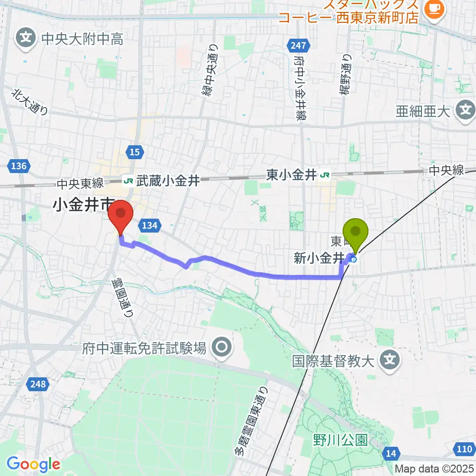 新小金井駅からPLUS+FACTOR GUITAR LESSONへのルートマップ地図