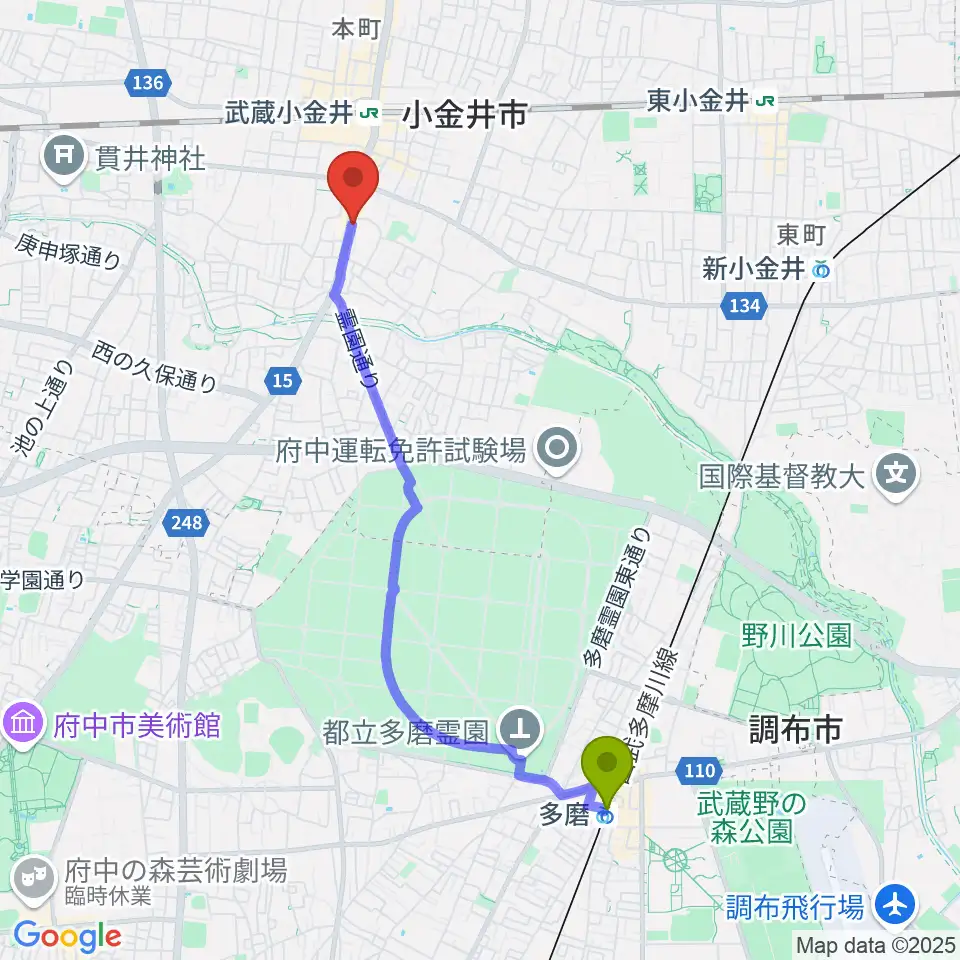 多磨駅からPLUS+FACTOR GUITAR LESSONへのルートマップ地図