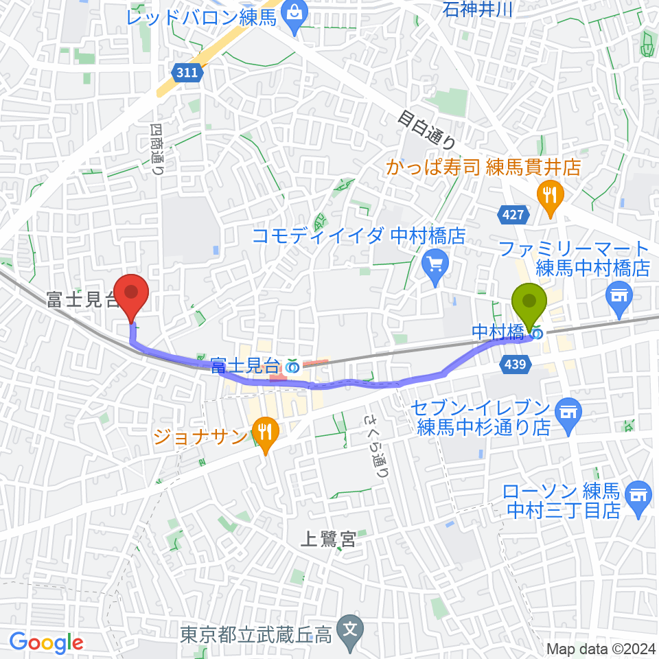 中村橋駅から富士見台poco a pocoへのルートマップ地図