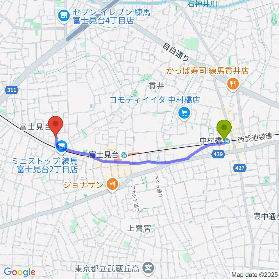 中村橋駅から富士見台poco a pocoへのルートマップ地図