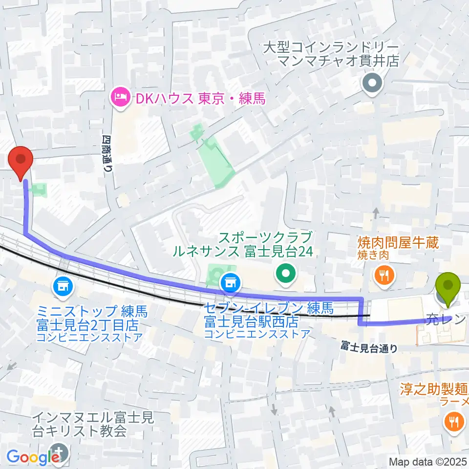 富士見台poco a pocoの最寄駅富士見台駅からの徒歩ルート（約7分）地図