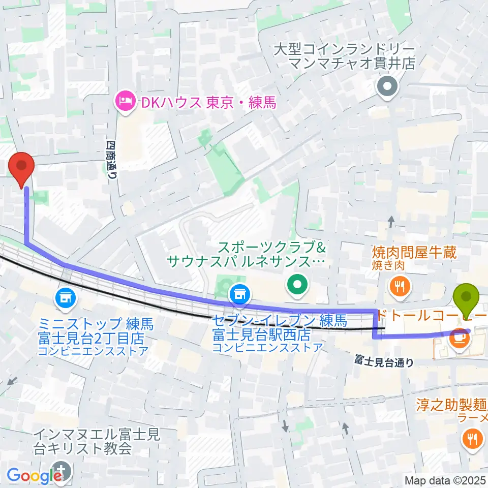 富士見台poco a pocoの最寄駅富士見台駅からの徒歩ルート（約7分）地図