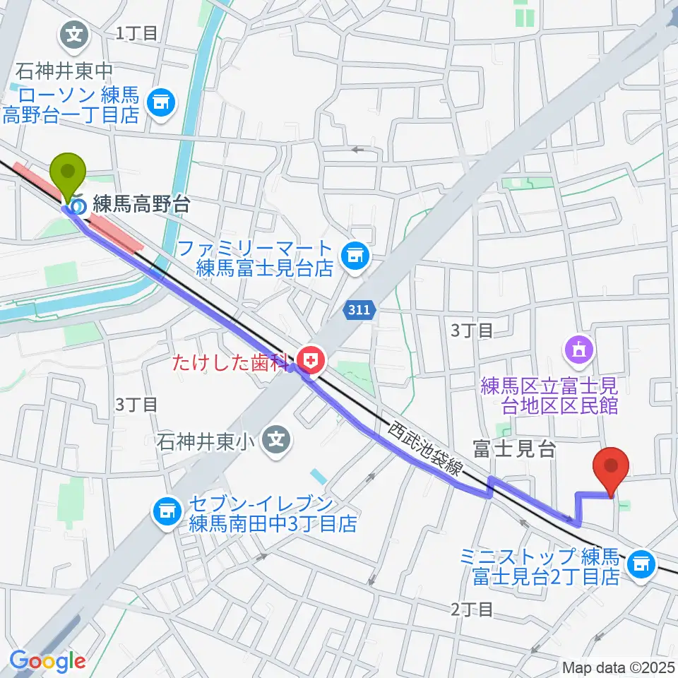 練馬高野台駅から富士見台poco a pocoへのルートマップ地図