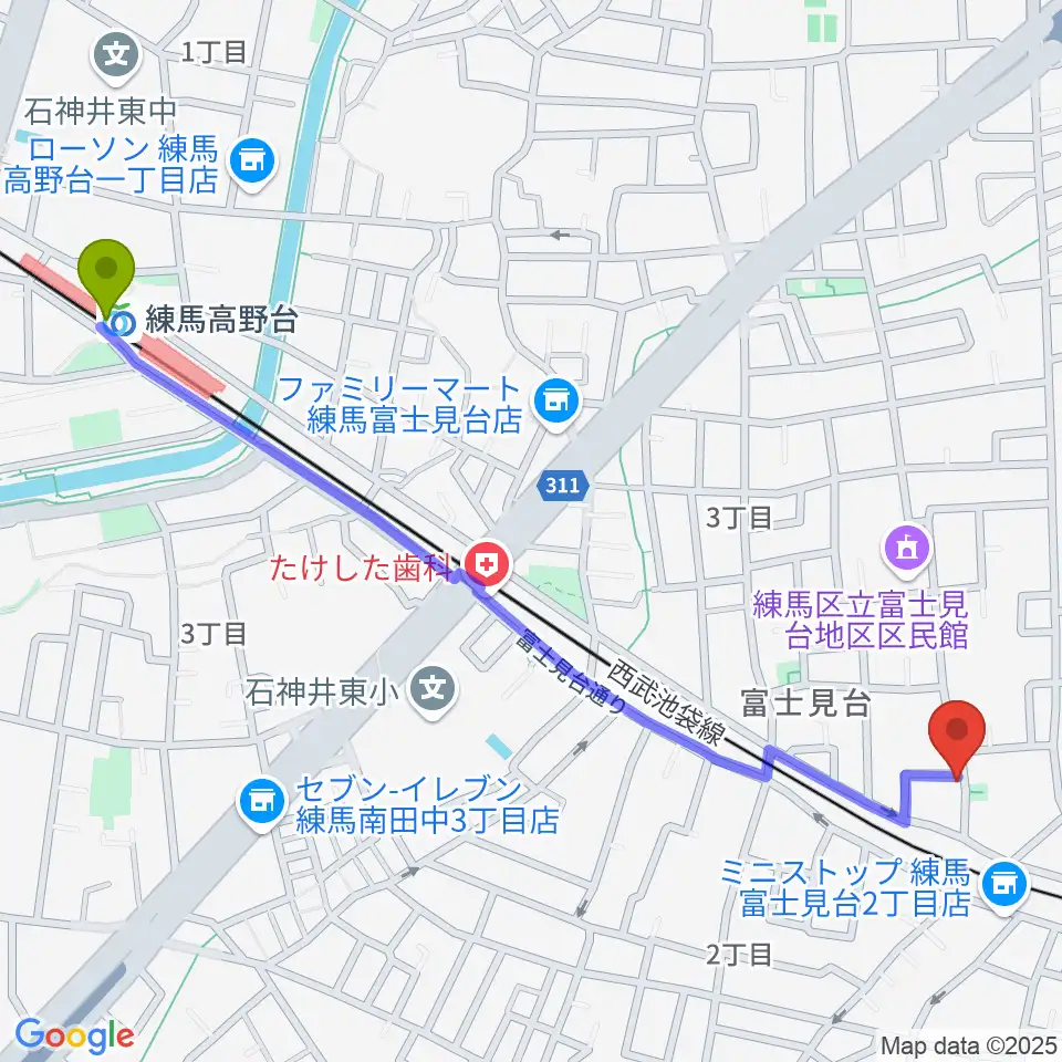 練馬高野台駅から富士見台poco a pocoへのルートマップ地図