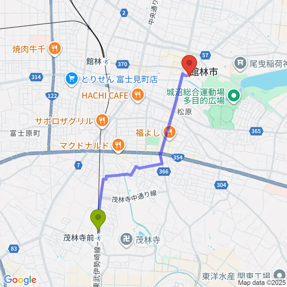 茂林寺前駅から日清製粉ウェルナ三の丸芸術ホールへのルートマップ地図